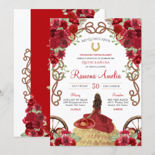 Red Charro Rustic Western Floral Quinceanera  Invitation