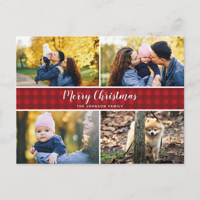 Red Check 4 Photo Postcard Holiday Card (Front)