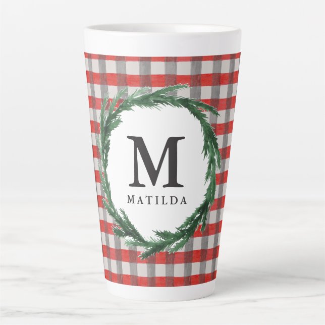 Red check and watercolour initial wreath Christmas Latte Mug (Front)