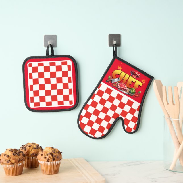 Red Check Chef  Oven Mitt & Pot Holder Set (Insitu(Hanging))