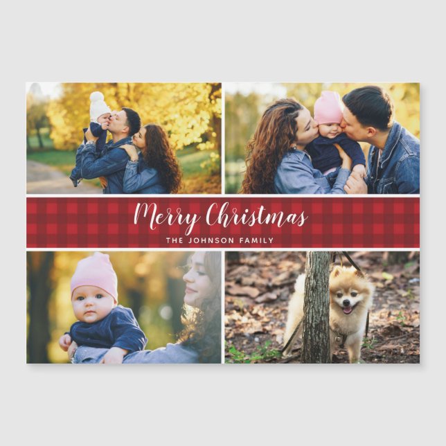 Red Check Christmas Magnetic Holiday Photo Card (Front)