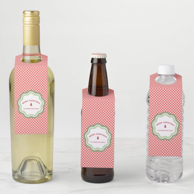 Red Check Gingham Merry Christmas Personalised Bottle Tag (In Situ)
