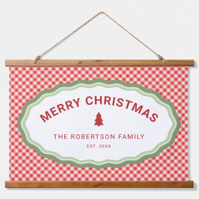 Red Check Gingham Merry Christmas Personalised Hanging Tapestry (Front)