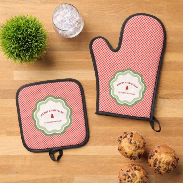 Red Check Gingham Merry Christmas Personalised Oven Mitt & Pot Holder Set (Top Down)