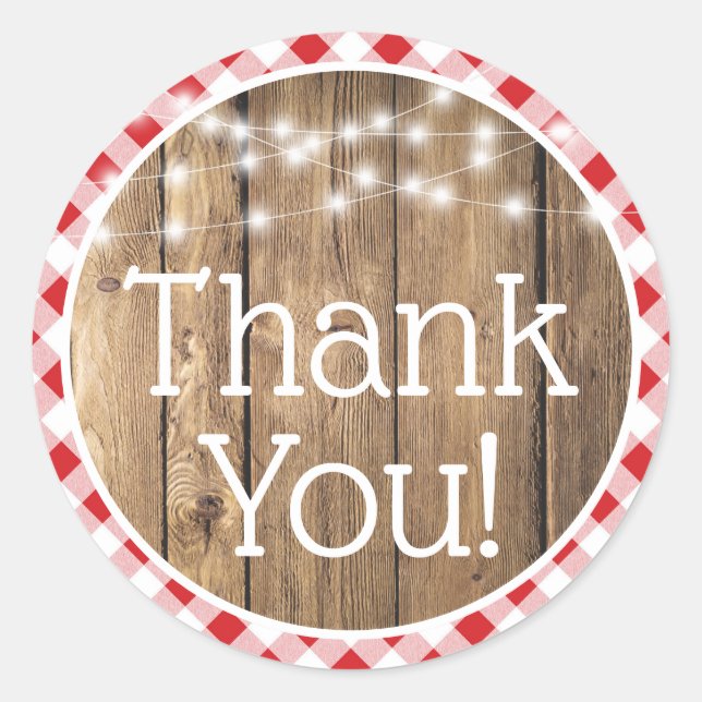 Red Check Gingham Rustic Wood Lights Thank You Classic Round Sticker (Front)