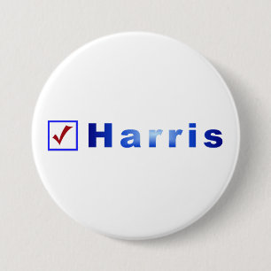 Red Check in Blue Box, Vote for Harris Buttons