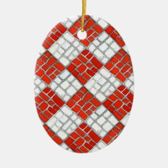 RED CHECK MOSAIC Ceramic Oval Ornament (Front)