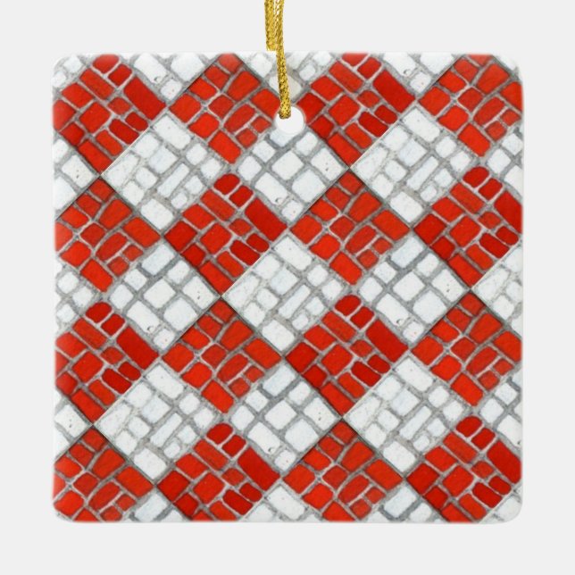 RED CHECK MOSAIC Ceramic Square Ornament (Front)