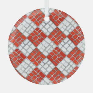 RED CHECK MOSAIC Glass Circle Ornament