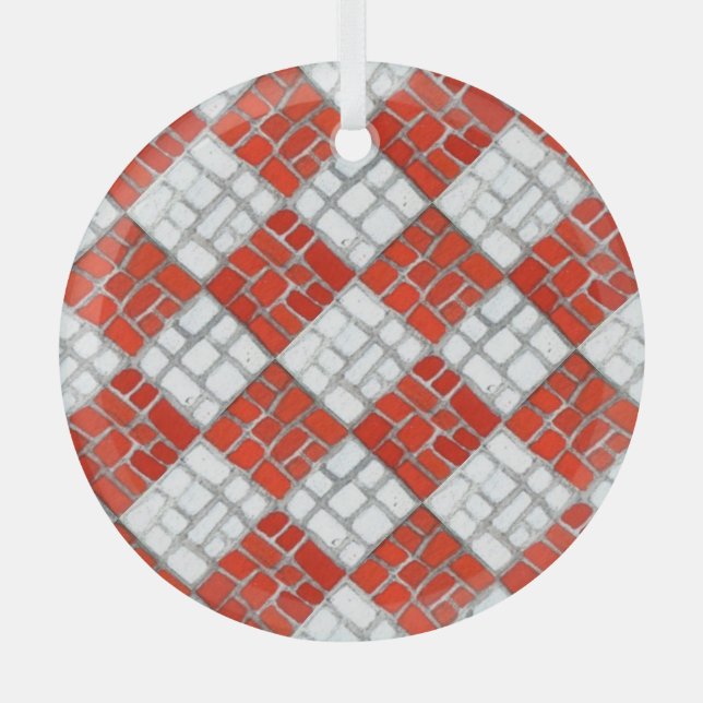 RED CHECK MOSAIC Glass Circle Ornament (Front)