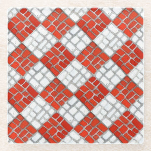 RED CHECK MOSAIC Glass Drink Coaster