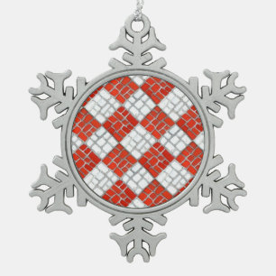 RED CHECK MOSAIC Pewter Snowflake Ornament