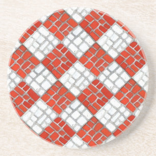 RED CHECK MOSAIC Round Sandstone Coaster