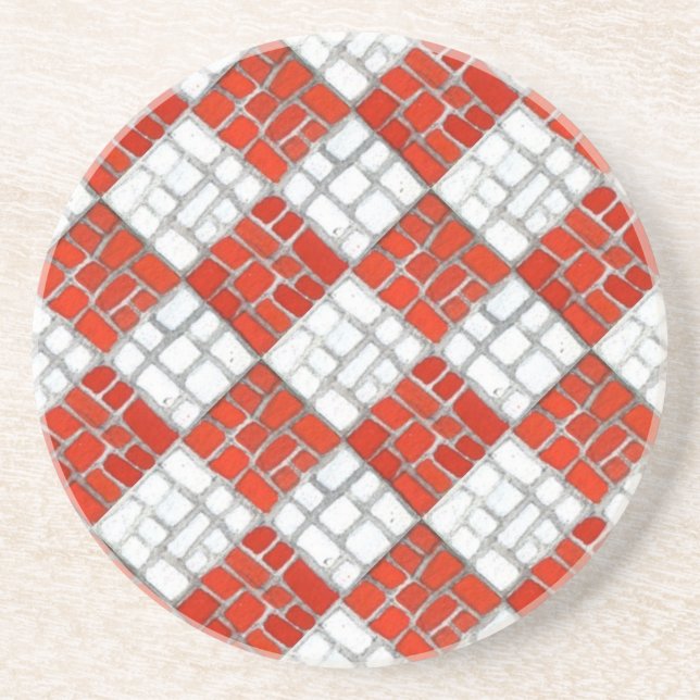 RED CHECK MOSAIC Round Sandstone Coaster (Front)