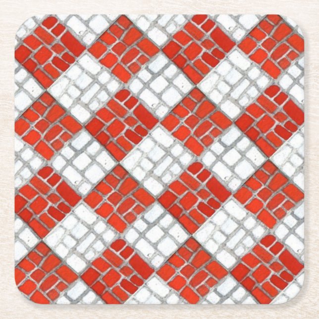 RED CHECK MOSAIC Square Paper Coasters (Front)