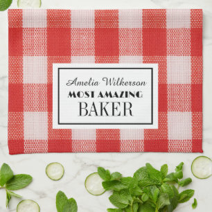 Red check name of baker Kitchen Towels