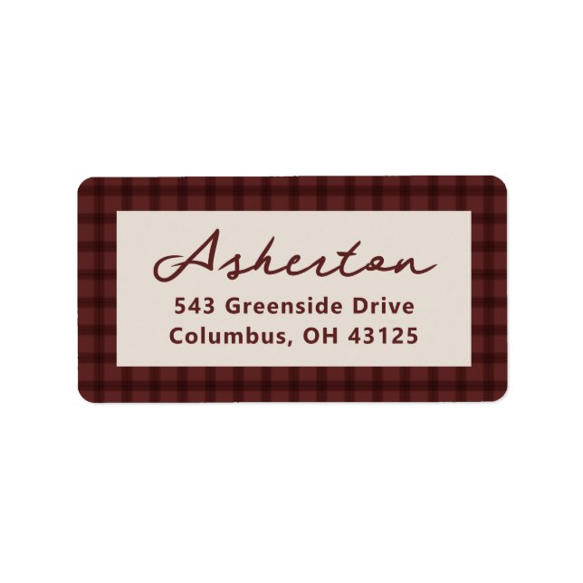 Red check plaid frame holiday return address label (Front)