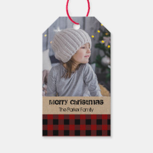 Red check plaid Rustic Photo Christmas Gift Tags