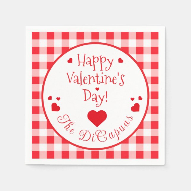 Red Check Red Hearts Valentine's Day Paper Napkin (Front)