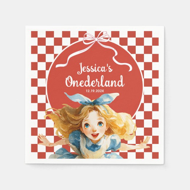 Red Checkered Alice in ONEDERLAND 1st Birthday Napkin (Front)