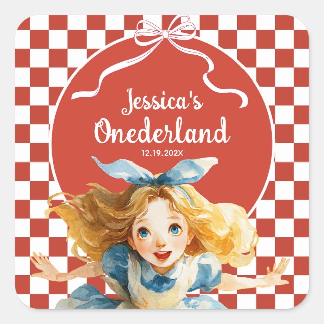 Red Checkered Alice in ONEDERLAND 1st Birthday  Square Sticker (Front)
