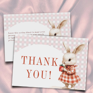 Red Checkered Berry Sweet Bunny Baby Shower Flat Thank You Card