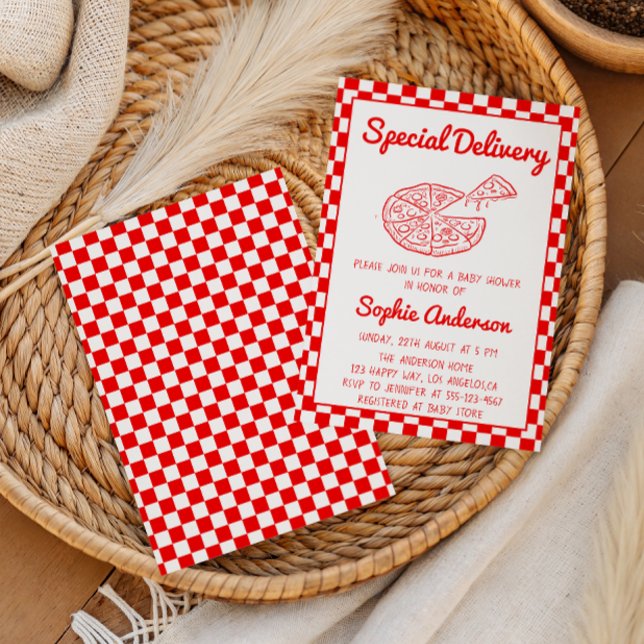 Red Checkered Special Delivery Pizza Baby Shower Invitation (Creator Uploaded)