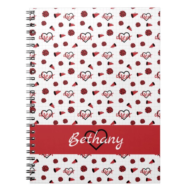 Red Cheer Hearts, Pom Poms, Megaphone Pattern Notebook (Front)