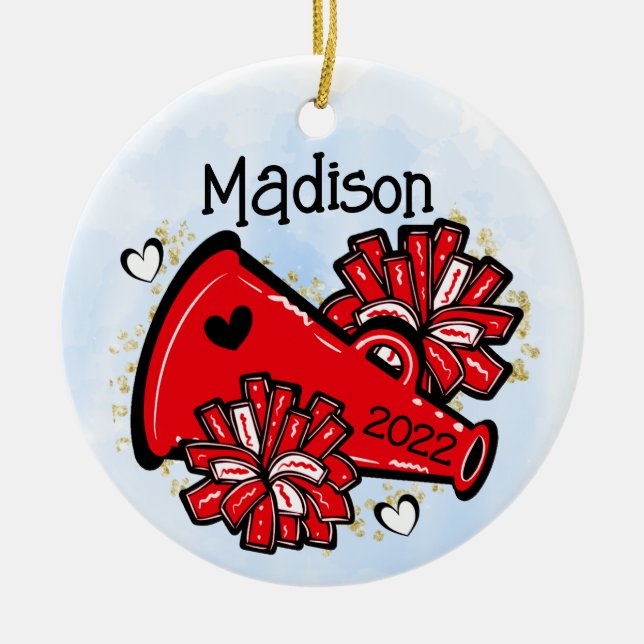 Red Cheer Ornament Megaphone Pom Pom (Front)