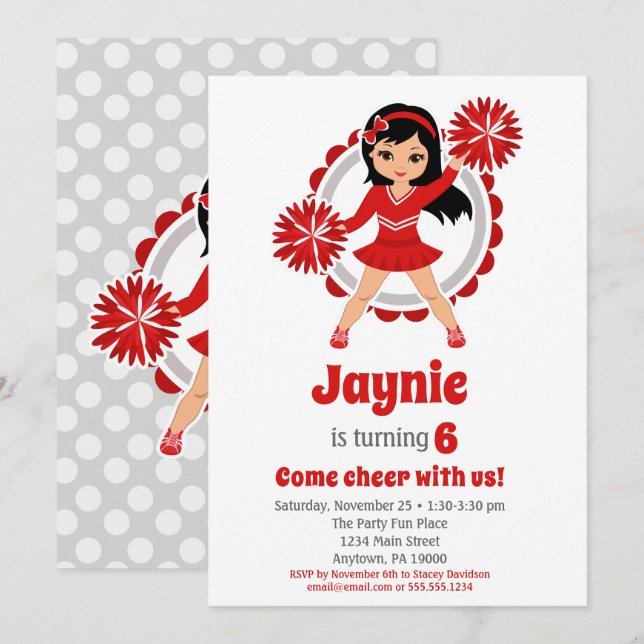 Red Cheerleader Black Hair Girls Cheer Birthday Invitation (Front/Back)