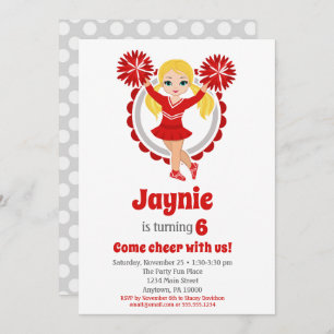 Red Cheerleader - Blonde Girls Cheer Birthday Invitation