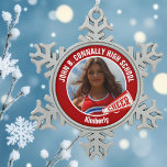 Red Cheerleader Photo High School Snowflake Pewter Christmas Ornament<br><div class="desc">This cool customised high school cheerleader photo gift features white typography of your team and player name on a red Christmas ornament with a CHEER megaphone. Personalise with your student's photograph and class year as a proud cheerleading parent. A great gift for a mum or dad.</div>