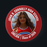 Red Cheerleader Photo High School Spirit 7.5 Cm Round Badge<br><div class="desc">This cool customised high school cheerleader photo gift features white typography of your team and player name on a red button. Personalise with your student's photograph and class year as a proud cheerleading parent. A mum and dad can wear these buttons to competition and games.</div>