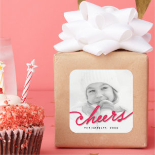 Red Cheers Calligraphy Script Modern Photo Holiday Square Sticker