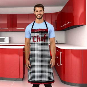 Red Chef Buffalo Plaid Black White Apron