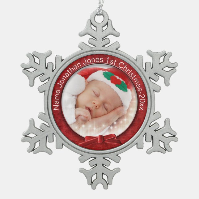 Red Chenille Circular Photo Frame Template Snowflake Pewter Christmas Ornament (Front)
