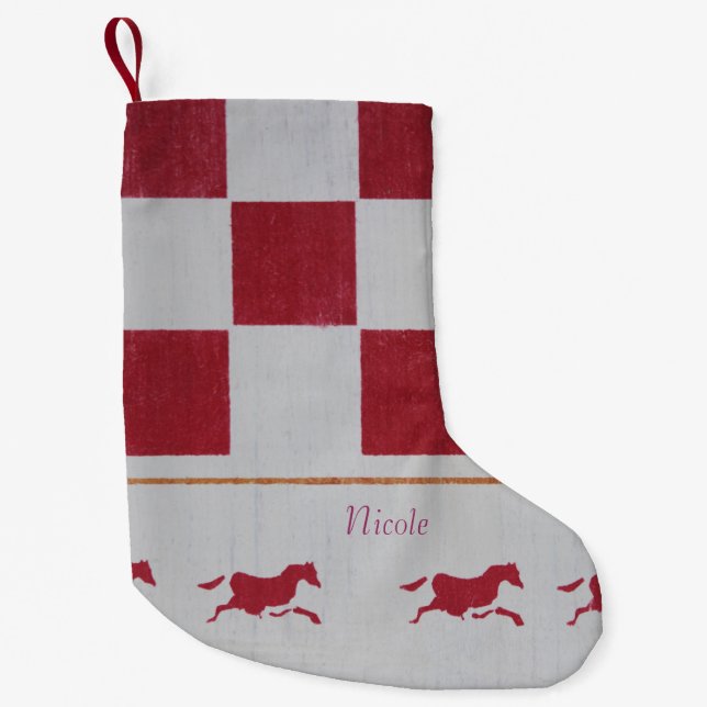 Red chequerboard horses small christmas stocking (Front)