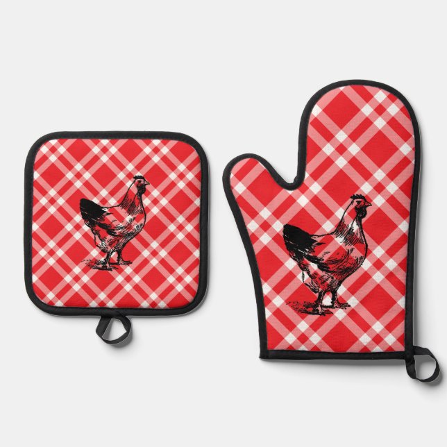 Red Chequered Chicken  Oven Mitt & Pot Holder Set (Front)