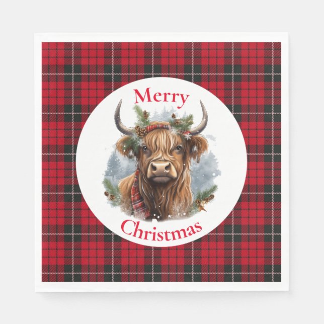 Red Chequered Christmas Highlander Cow Napkin (Front)