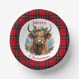 Red Chequered Christmas Highlander Cow Paper Plate