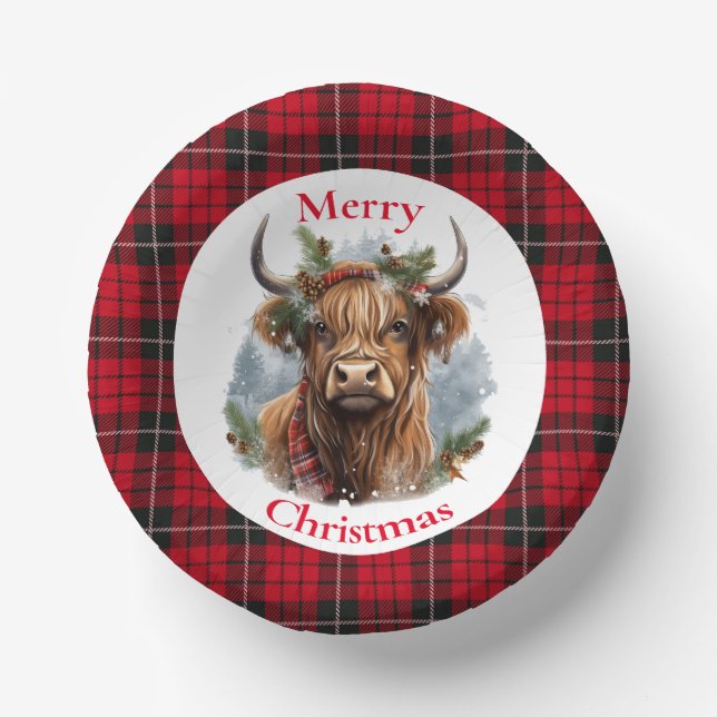 Red Chequered Christmas Highlander Cow Paper Plate (Front)