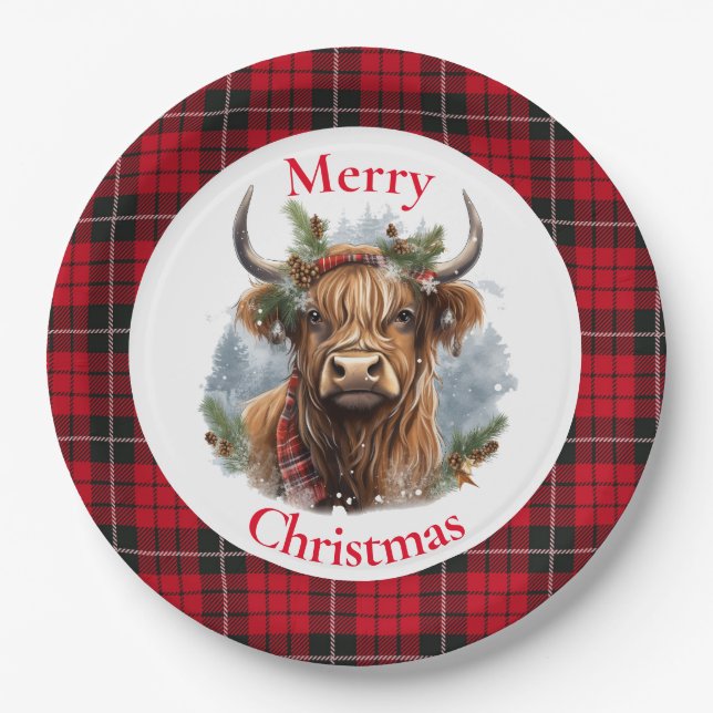 Red Chequered Christmas Highlander Cow Paper Plate (Front)