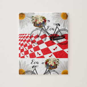 Red Chequered Floral Bike Jigsaw Puzzle Daisy