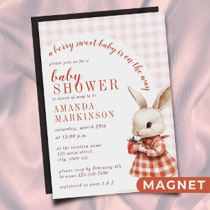 Red Chequered Garden Berry Sweet Bunny Baby Shower Magnetic Invitation