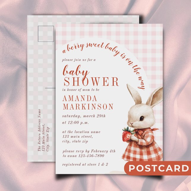 Red Chequered Garden Berry Sweet Bunny Baby Shower Postcard (Creator Uploaded)