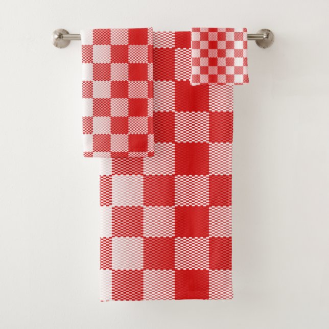 Red Chequered Geometric Bath Towel Set (Insitu)