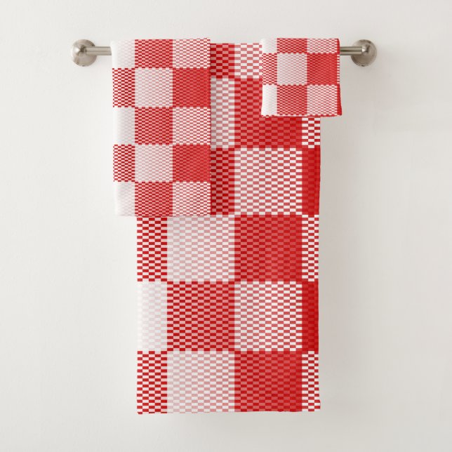 Red Chequered Geometric Bath Towel Set (Insitu)