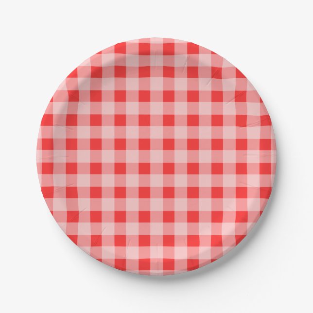 Red chequered gingham pattern paper plates (Front)