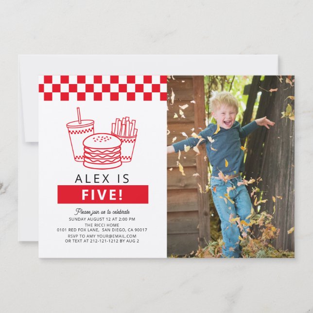 Red Chequered Hamburger Photo 5th Birthday Invitation (Front)