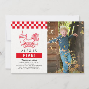 Red Chequered Hamburger Photo 5th Birthday Invitation
